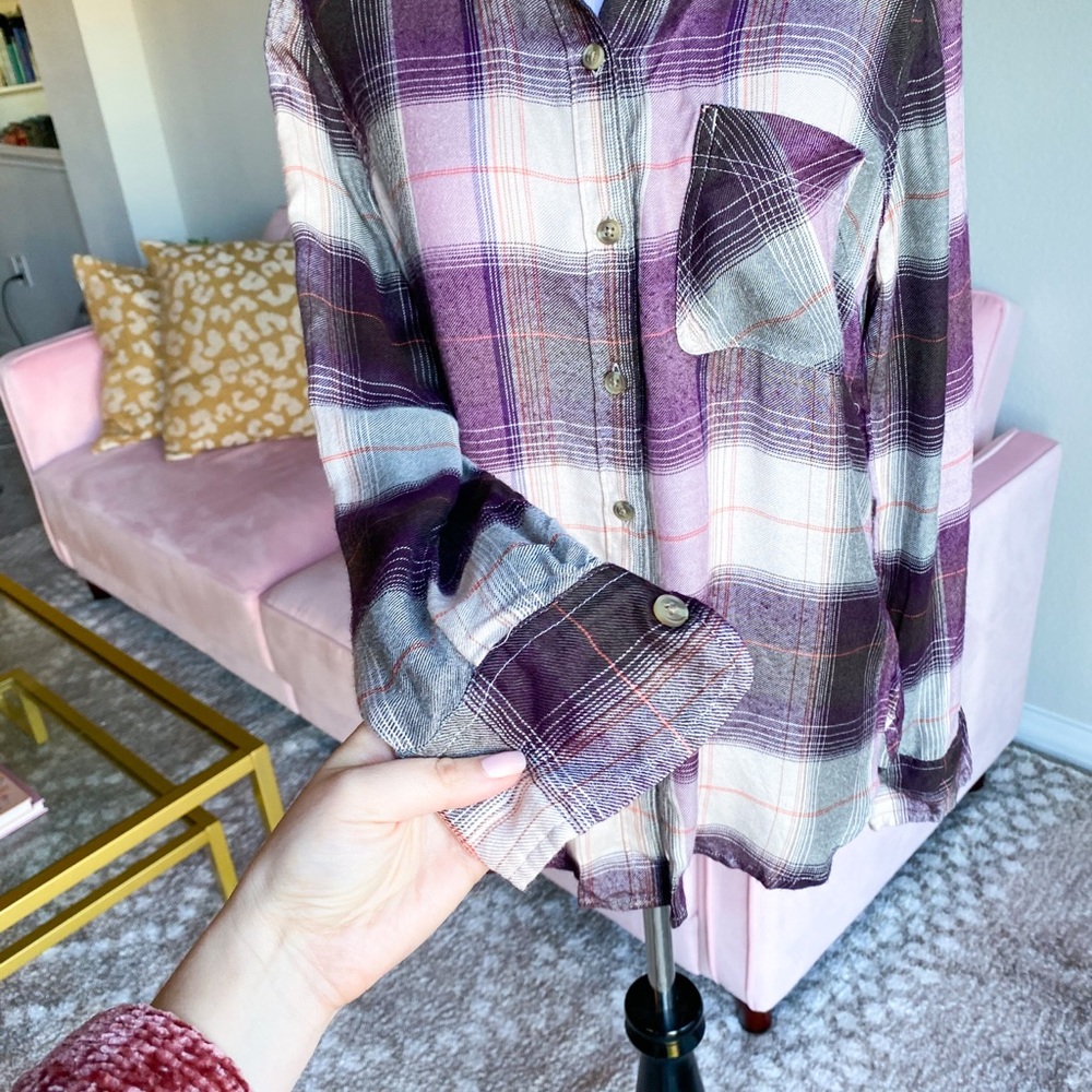 Lucky Brand Plaid Purple Cream Long Sleeve Flannel with Back Button Detail Small - Picture 3 of 9